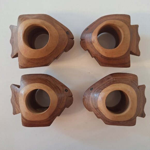 Wooden Fish Napkin Rings India Carved Eyes Faces Nautical Sea Beach Shore Island - Picture 3 of 7